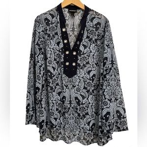 LANE BRYANT Blue Damask Print Embellished Neckline Tunic Top
